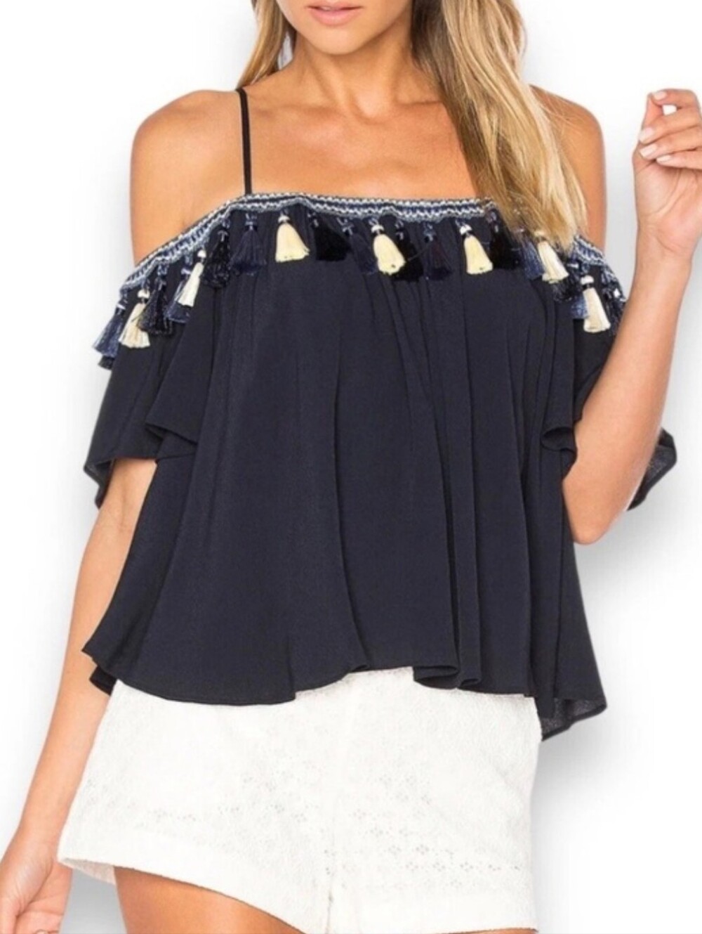 Tularosa Marley Off The Shoulder Navy Tassle Tank Top